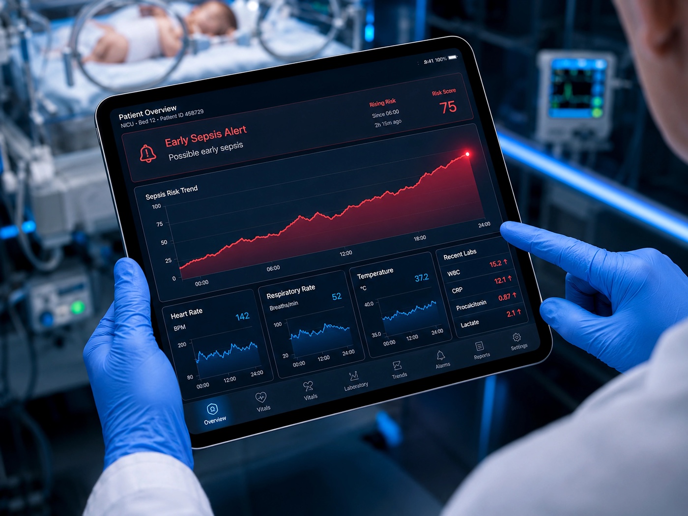 A clinician reviews the AI interpretation view on a tablet in an intensive-care setting, with an incubator in the background.