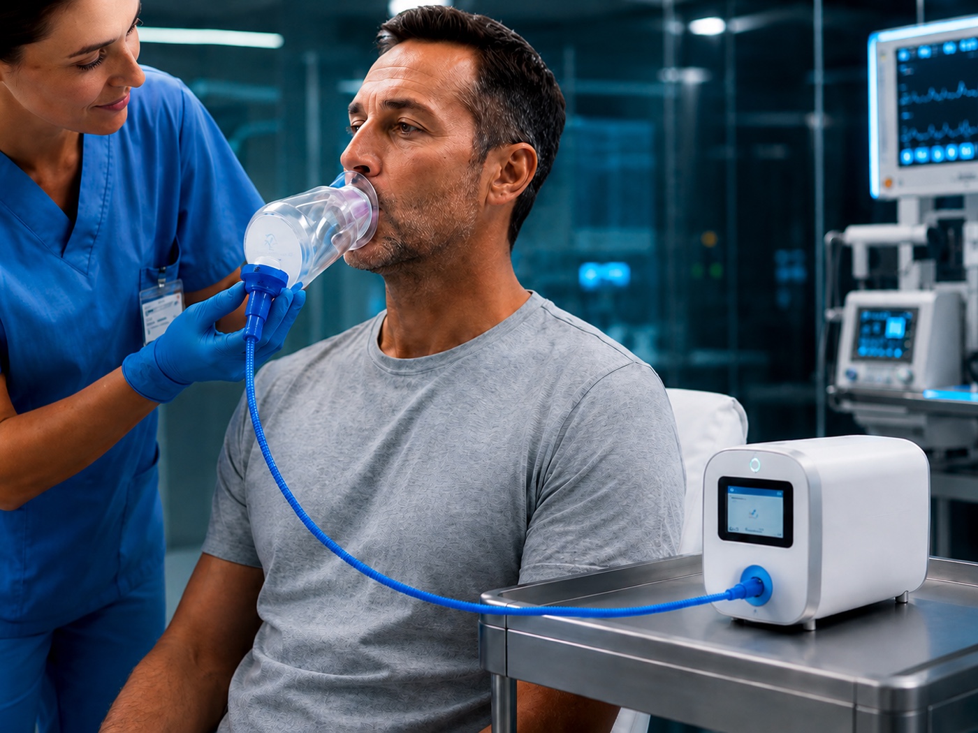 An adult patient breathes through a mask and blue tube into the white Medlyse benchtop device, assisted by a nurse.